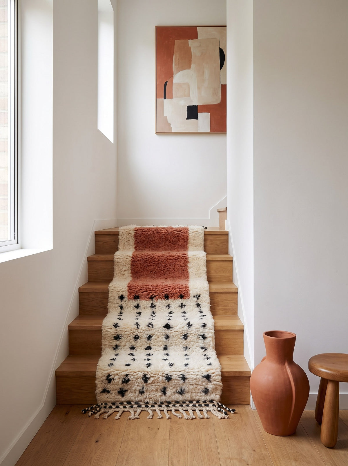 Tapis d'escalier berbère graphique blanc et terracotta Adissa sur un troisième escalier, noué main au Maroc