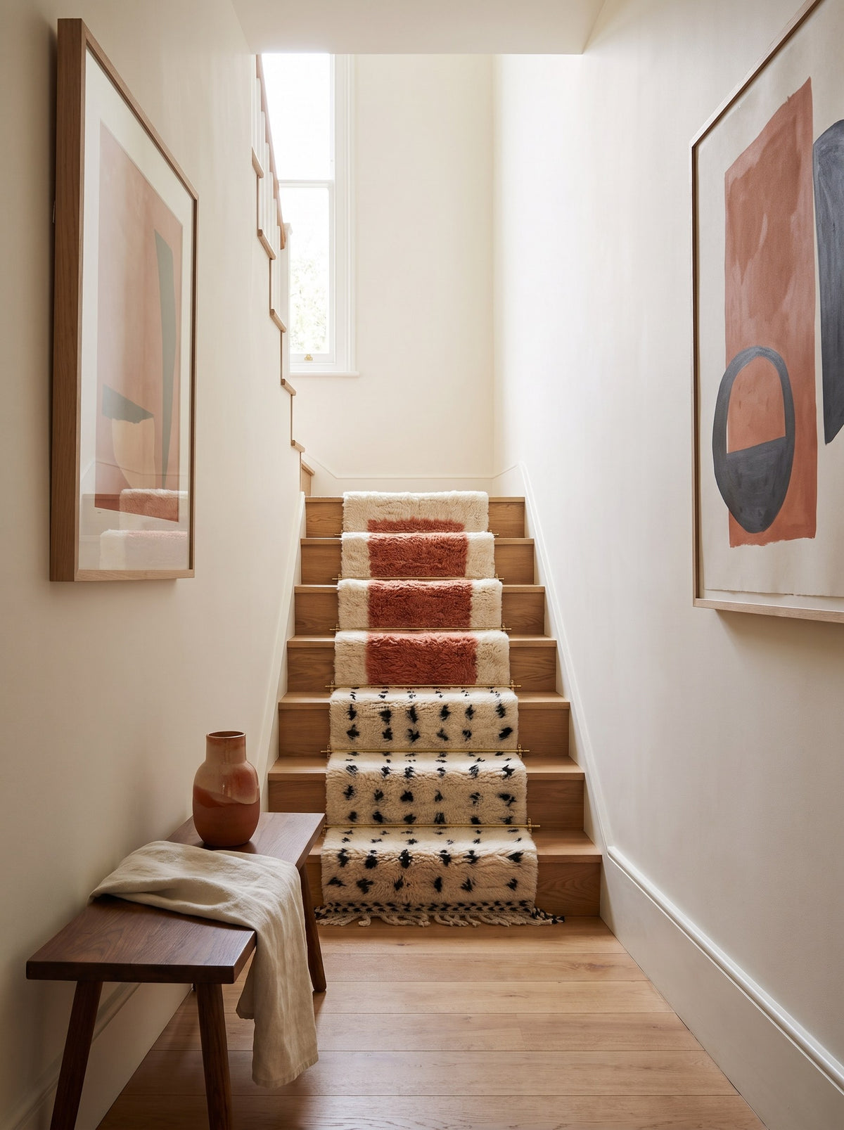 Tapis d'escalier berbère graphique blanc et terracotta Adissa sur un escalier, noué main au Maroc