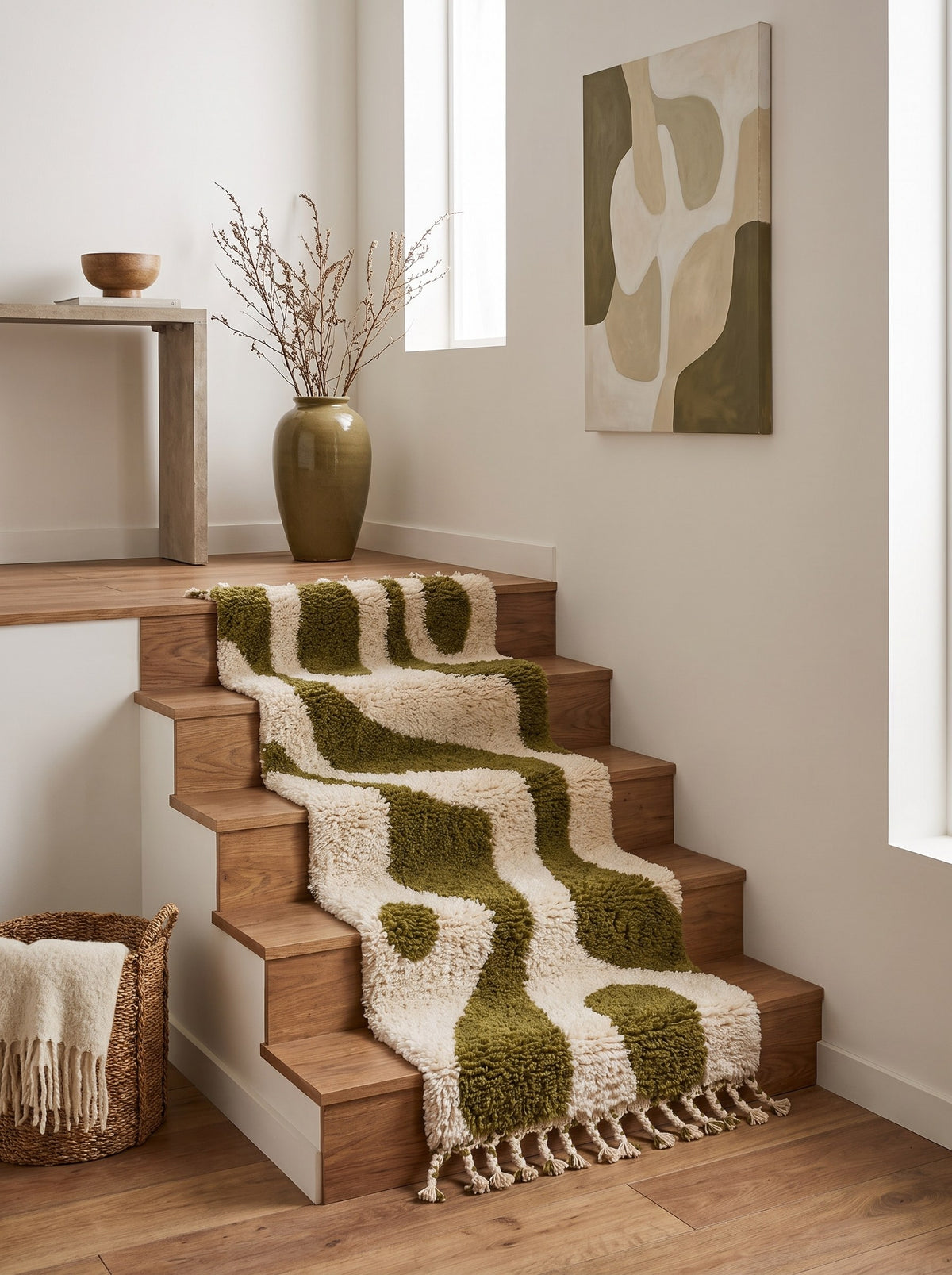 Assaka graphic Berber stair runner in white and olive green on another staircase, hand-knotted in Morocco