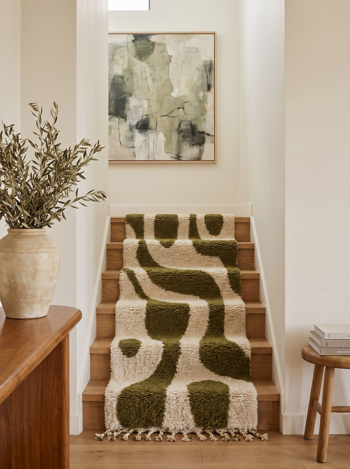 Assaka graphic Berber stair runner in white and olive green on a third staircase, hand-knotted in Morocco