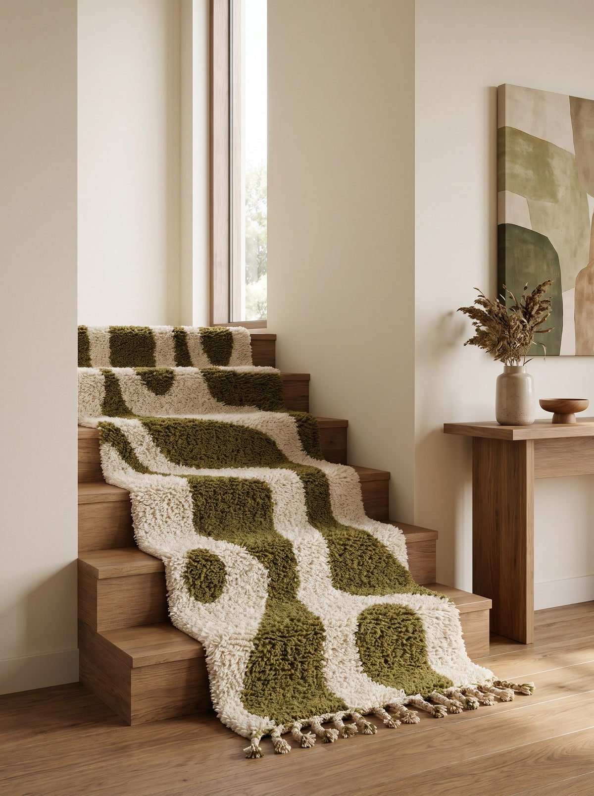 Assaka graphic Berber stair runner in white and olive green on a staircase, hand-knotted in Morocco