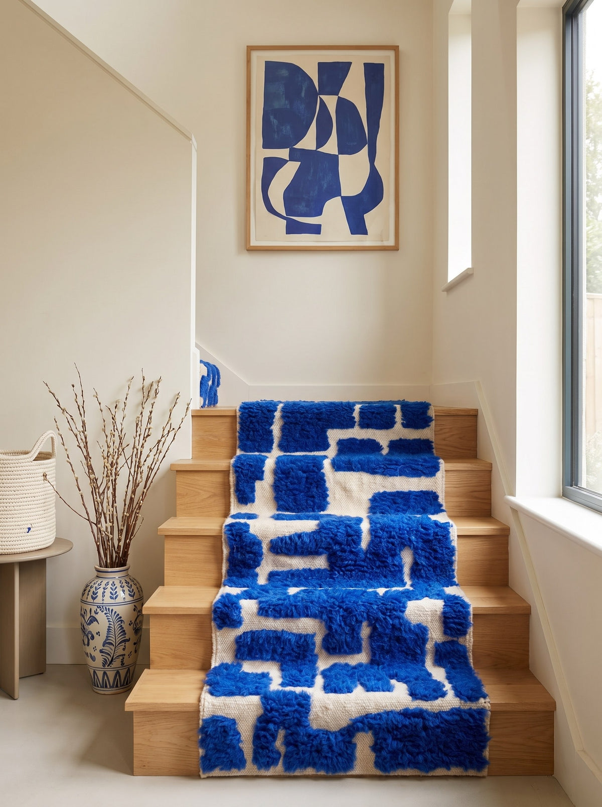 Tapis d'escalier berbère graphique bleu roi Souira sur un troisième escalier, noué main au Maroc