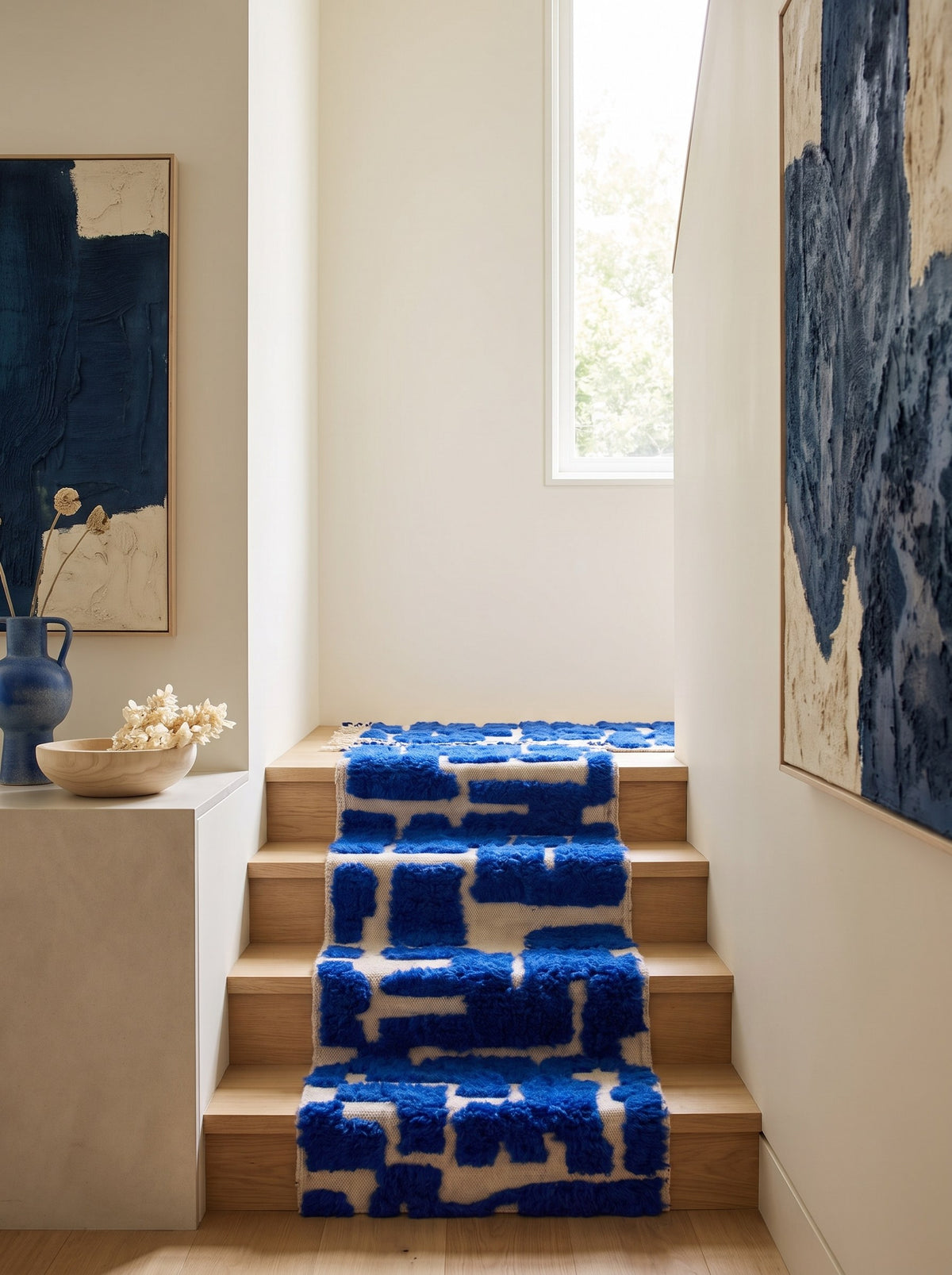 Tapis d'escalier berbère graphique bleu roi Souira sur un escalier, noué main au Maroc