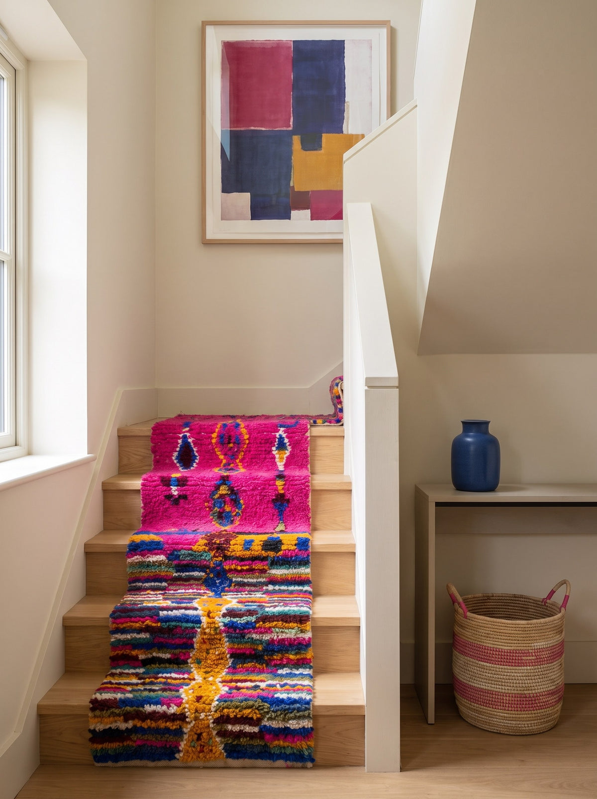Tapis d'escalier berbère graphique fuchsia multicolore Asayis sur un escalier, noué main au Maroc
