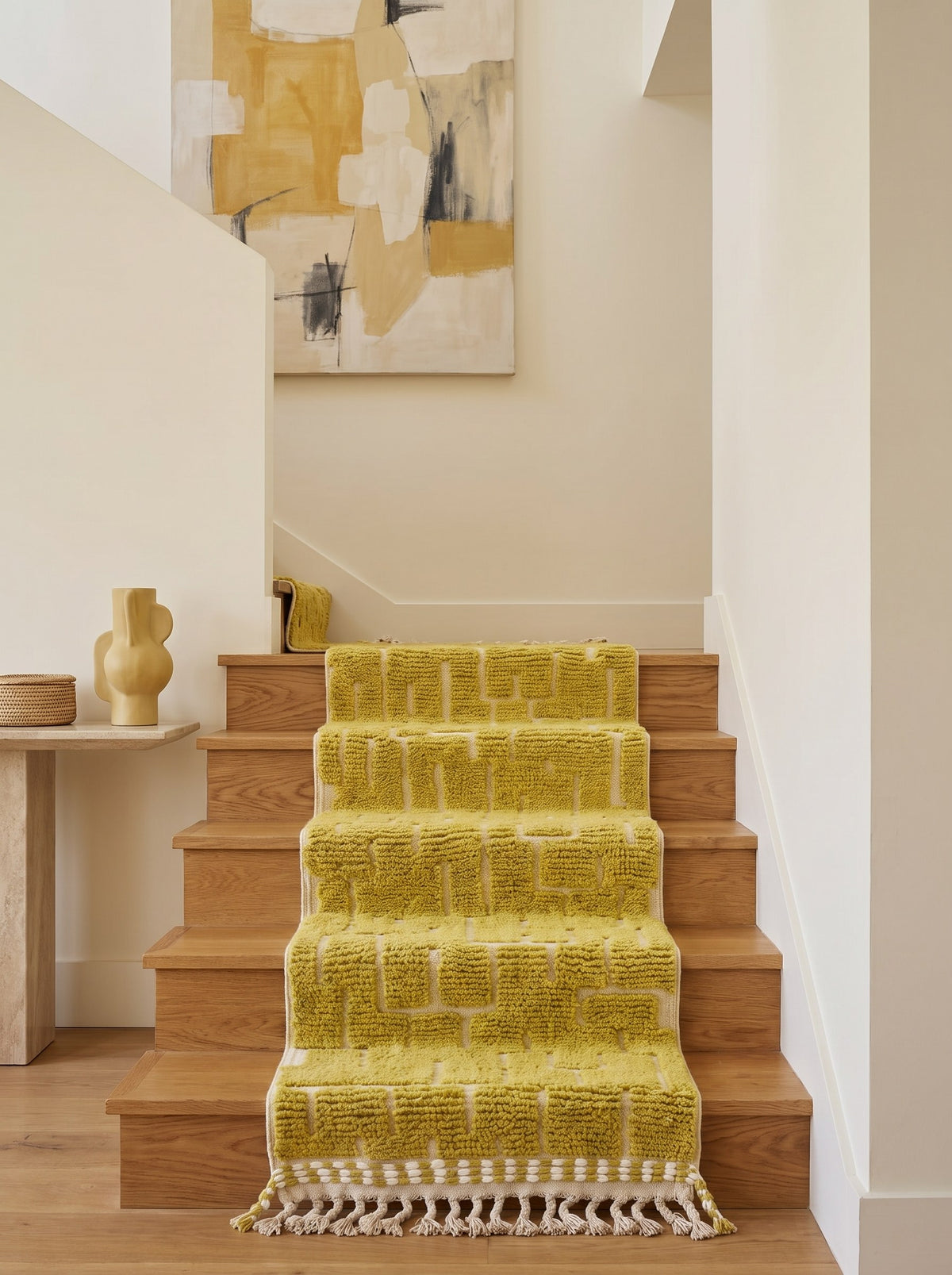Tapis d'escalier berbère graphique jaune moutarde Timzin sur un troisième escalier, noué main au Maroc
