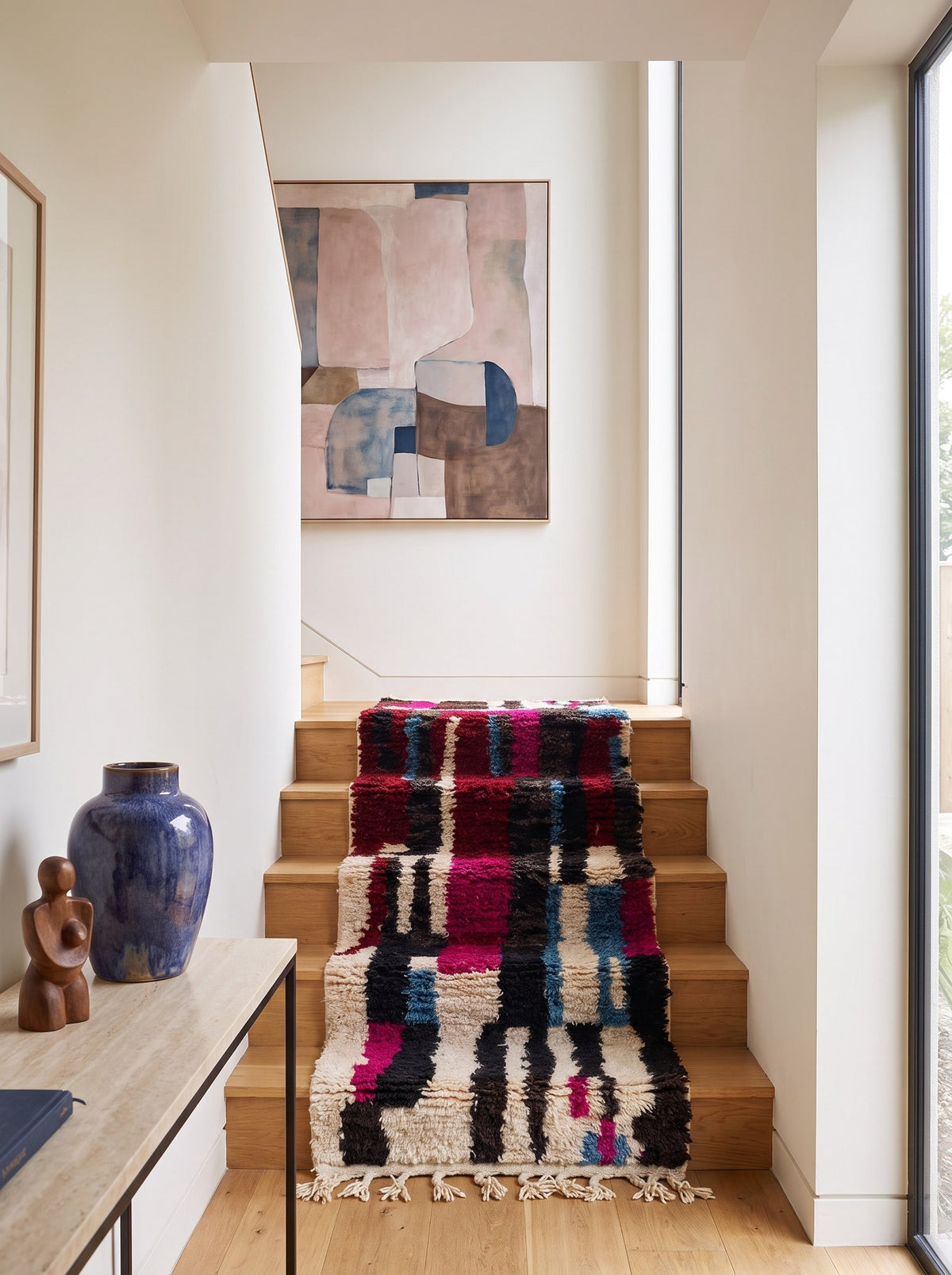 Tapis d'escalier berbère graphique multicolore Belrouan sur un autre escalier, noué main au Maroc