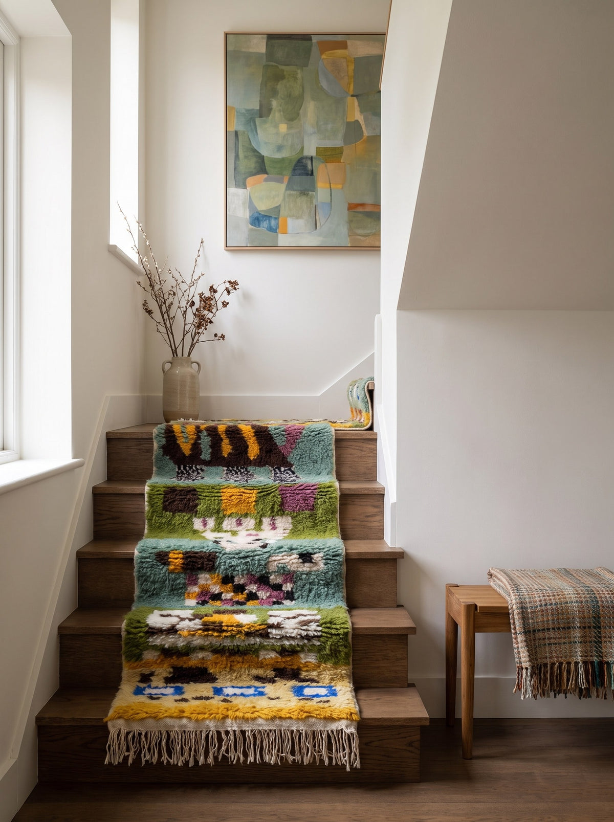 Kerdous Berber stair runner, multicoloured graphic pattern, on another staircase, hand-knotted in Morocco