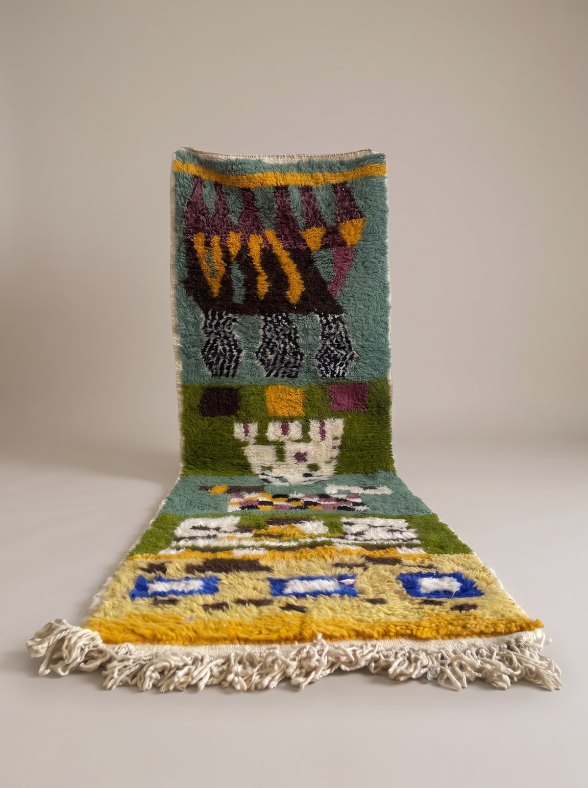 Kerdous multicoloured graphic Berber stair runner, hanging, one of a kind, hand-knotted in Morocco