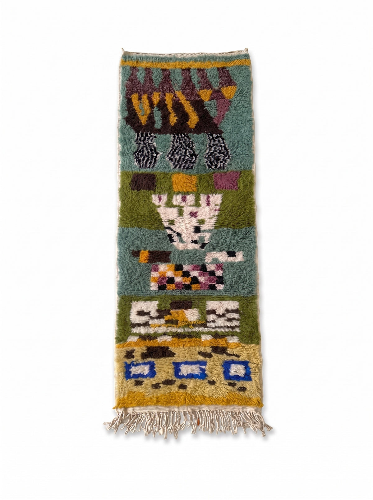 Kerdous multicoloured graphic Berber stair runner laid flat, runner in five bands from top to bottom