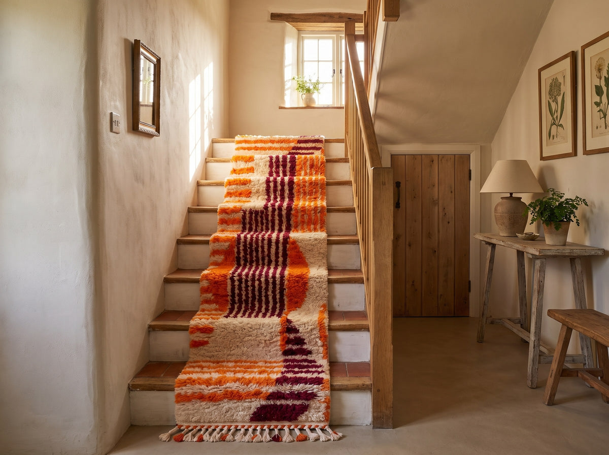 Style déco : maison de campagne rénovée. Ambiance : lumière chaude d'après-midi. Pièce : escalier