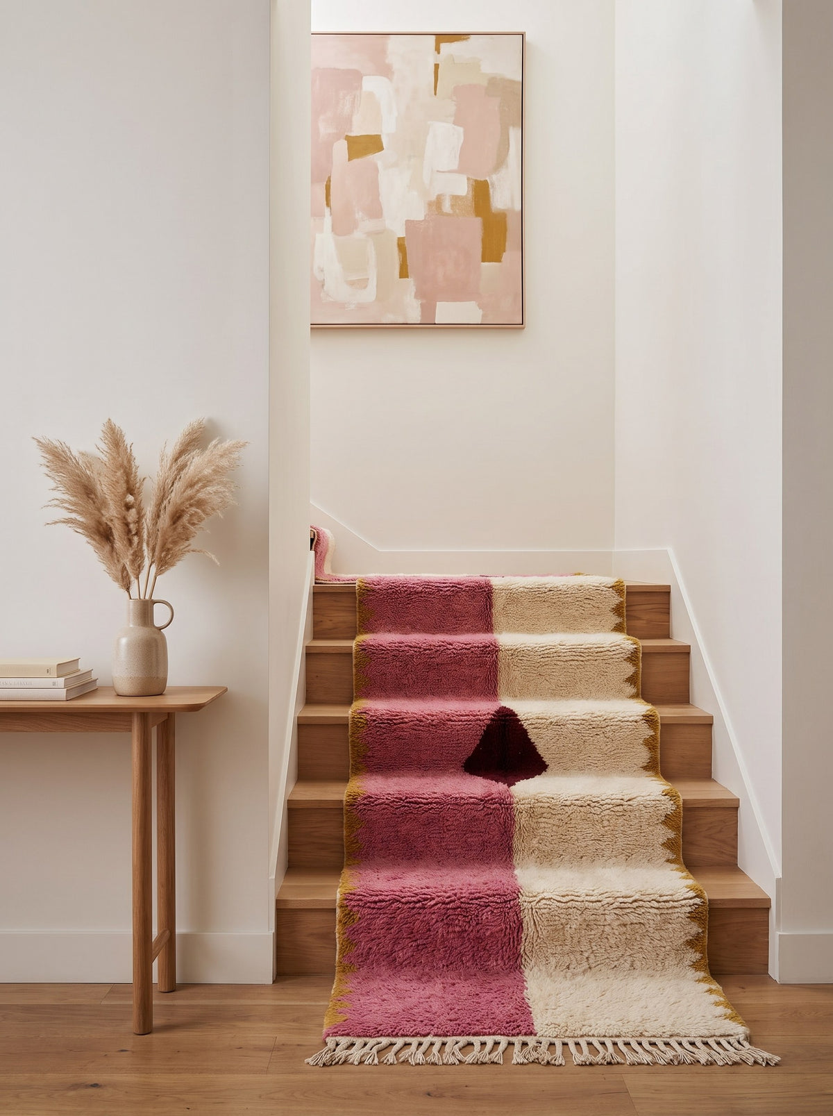 Tapis d'escalier berbère graphique rose et blanc Tadsa sur un autre escalier, noué main au Maroc