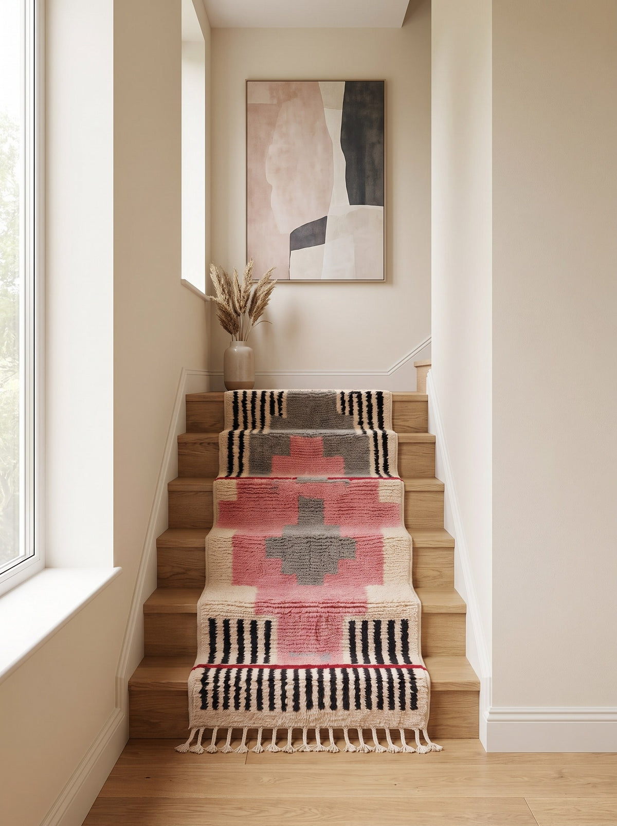 Tapis d'escalier berbère graphique rose et gris Timzila sur un troisième escalier, noué main au Maroc