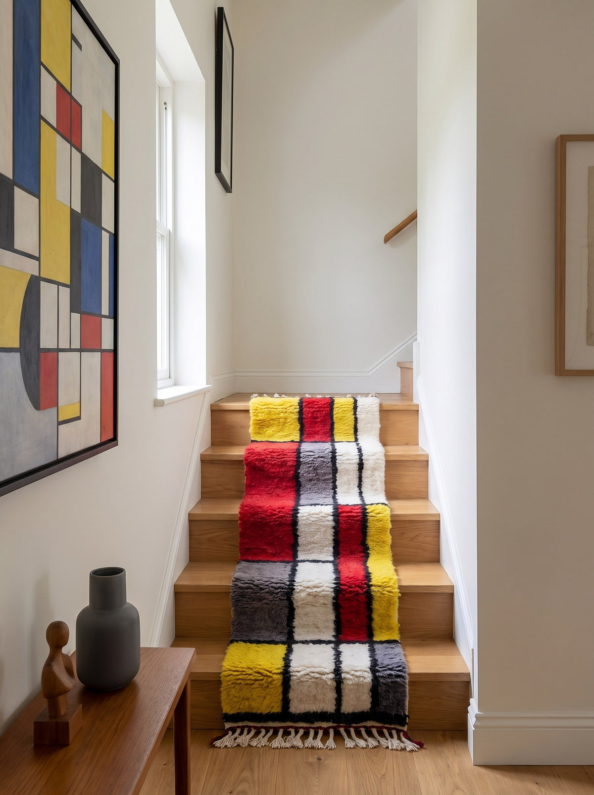 Tapis d'escalier berbère graphique rouge et jaune Azetta sur un troisième escalier, noué main au Maroc