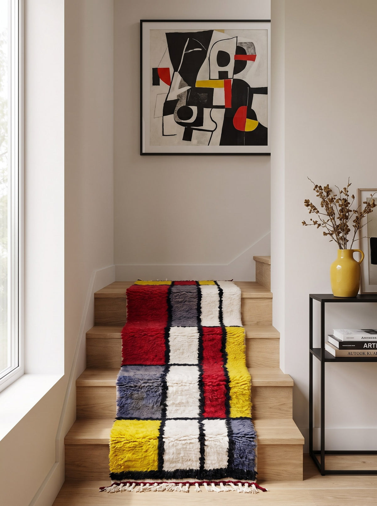 Tapis d'escalier berbère graphique rouge et jaune Azetta sur un escalier, noué main au Maroc