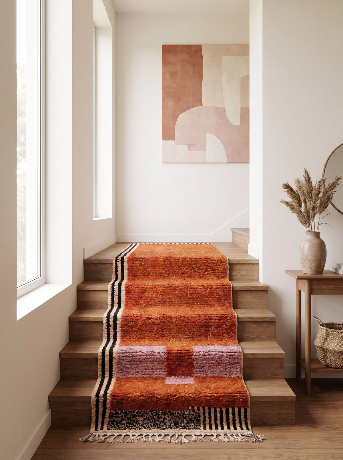 Boumalne graphic Berber stair runner in terracotta on another staircase, hand-knotted in Morocco