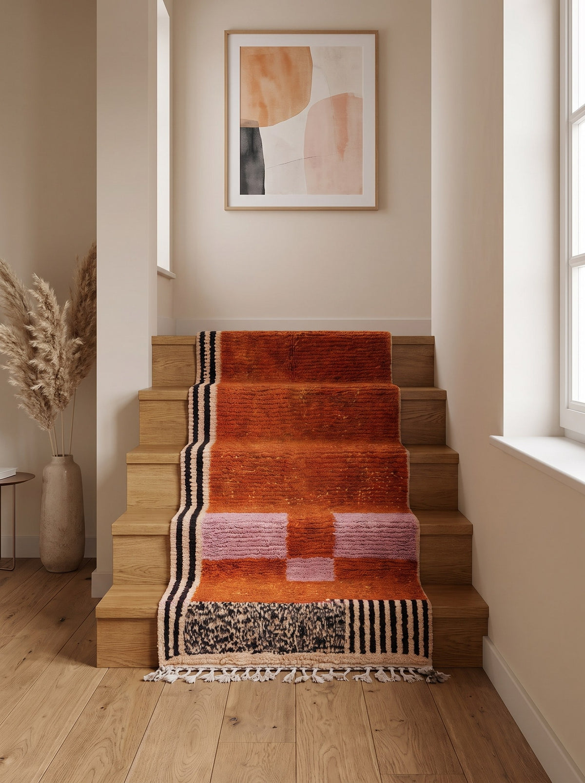 Boumalne graphic Berber stair runner in terracotta on a staircase, hand-knotted in Morocco
