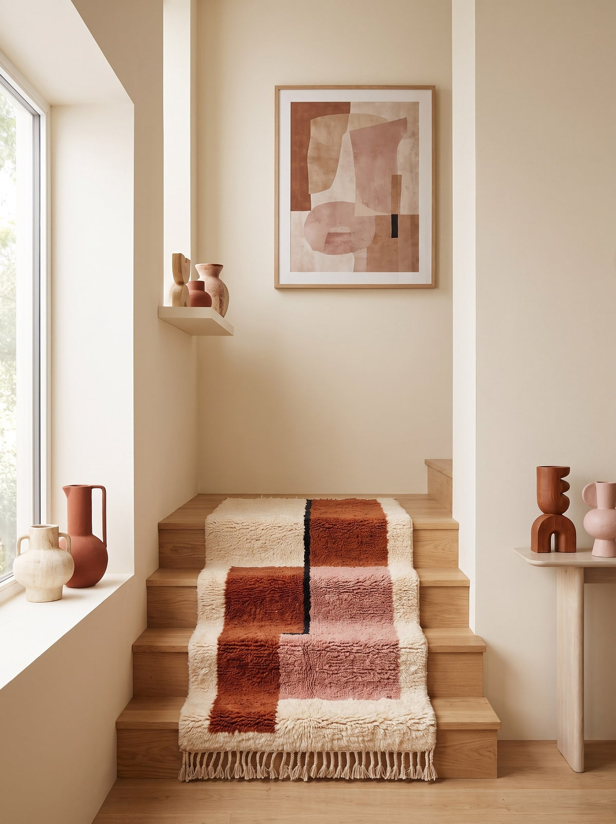 Dalzira graphic Berber stair runner in terracotta and pink, on another staircase, hand-knotted in Morocco
