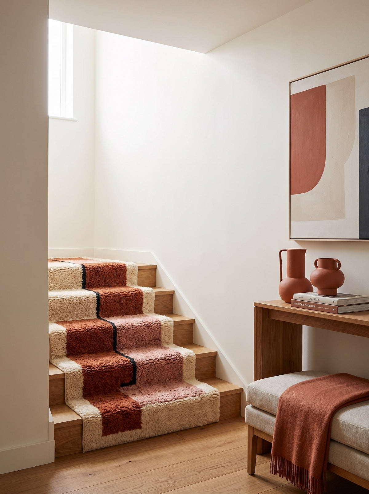 Dalzira graphic Berber stair runner in terracotta and pink, on a third staircase, hand-knotted in Morocco