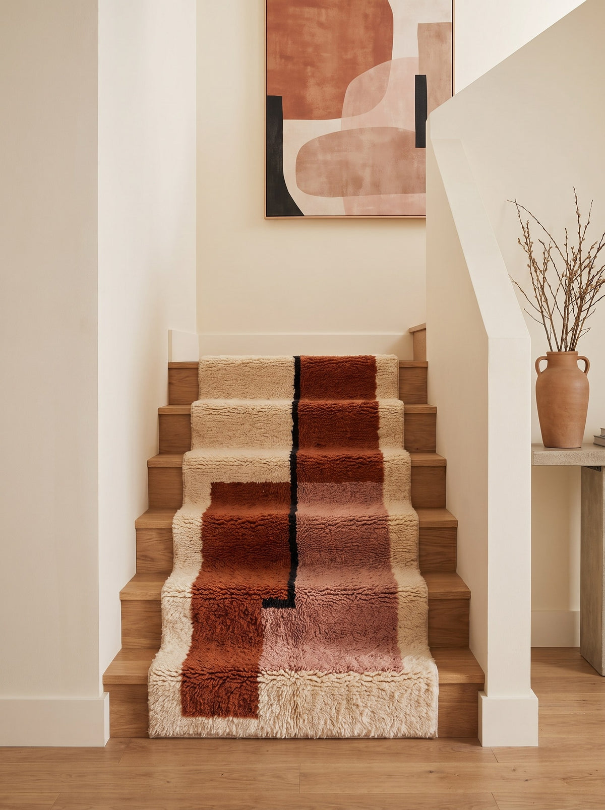 Dalzira graphic Berber stair runner in terracotta and pink, on a staircase, hand-knotted in Morocco