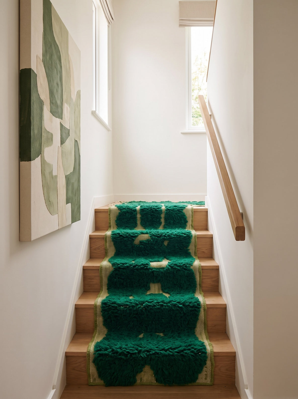 Tapis d'escalier berbère graphique vert émeraude Balissa sur un autre escalier, noué main au Maroc