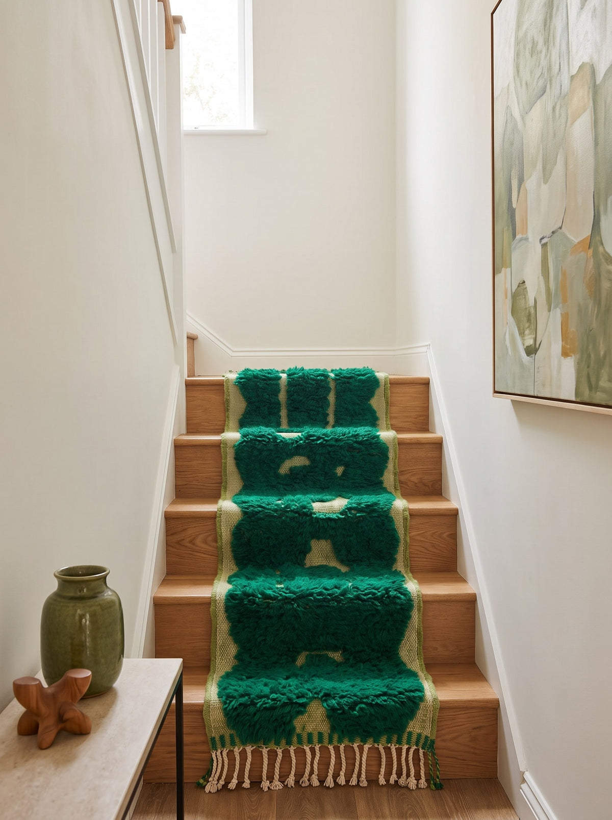 Tapis d'escalier berbère graphique vert émeraude Balissa sur un escalier, noué main au Maroc