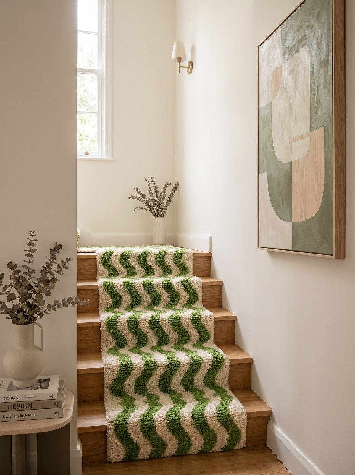 Ouzoud graphic Berber stair runner in green and white on another staircase, hand-knotted in Morocco