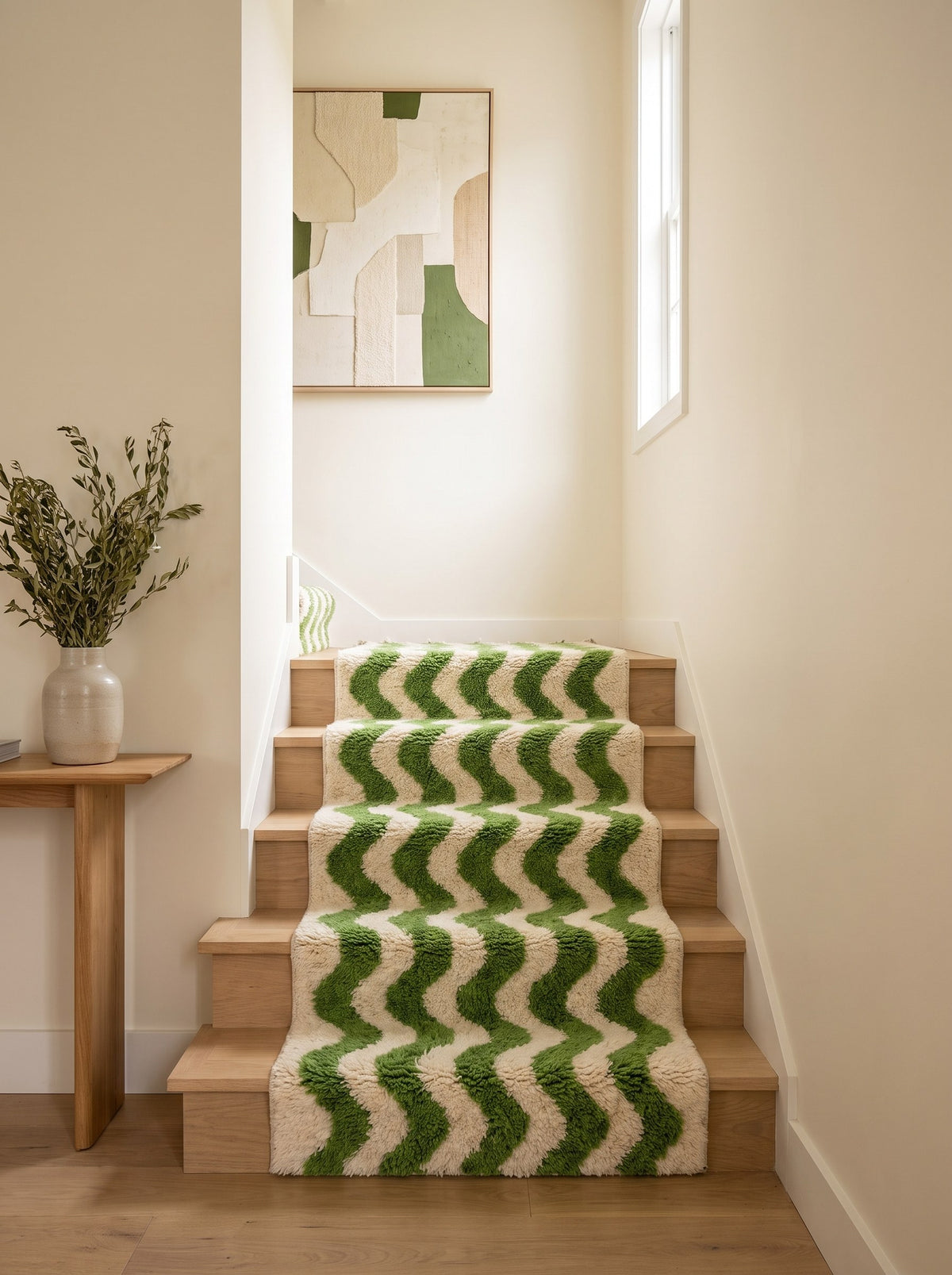 Ouzoud graphic Berber stair runner in green and white on a third staircase, hand-knotted in Morocco