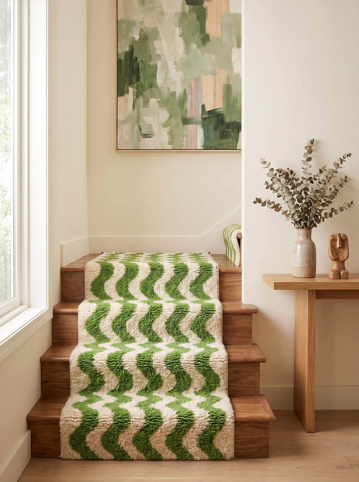 Ouzoud graphic Berber stair runner in green and white on a staircase, hand-knotted in Morocco