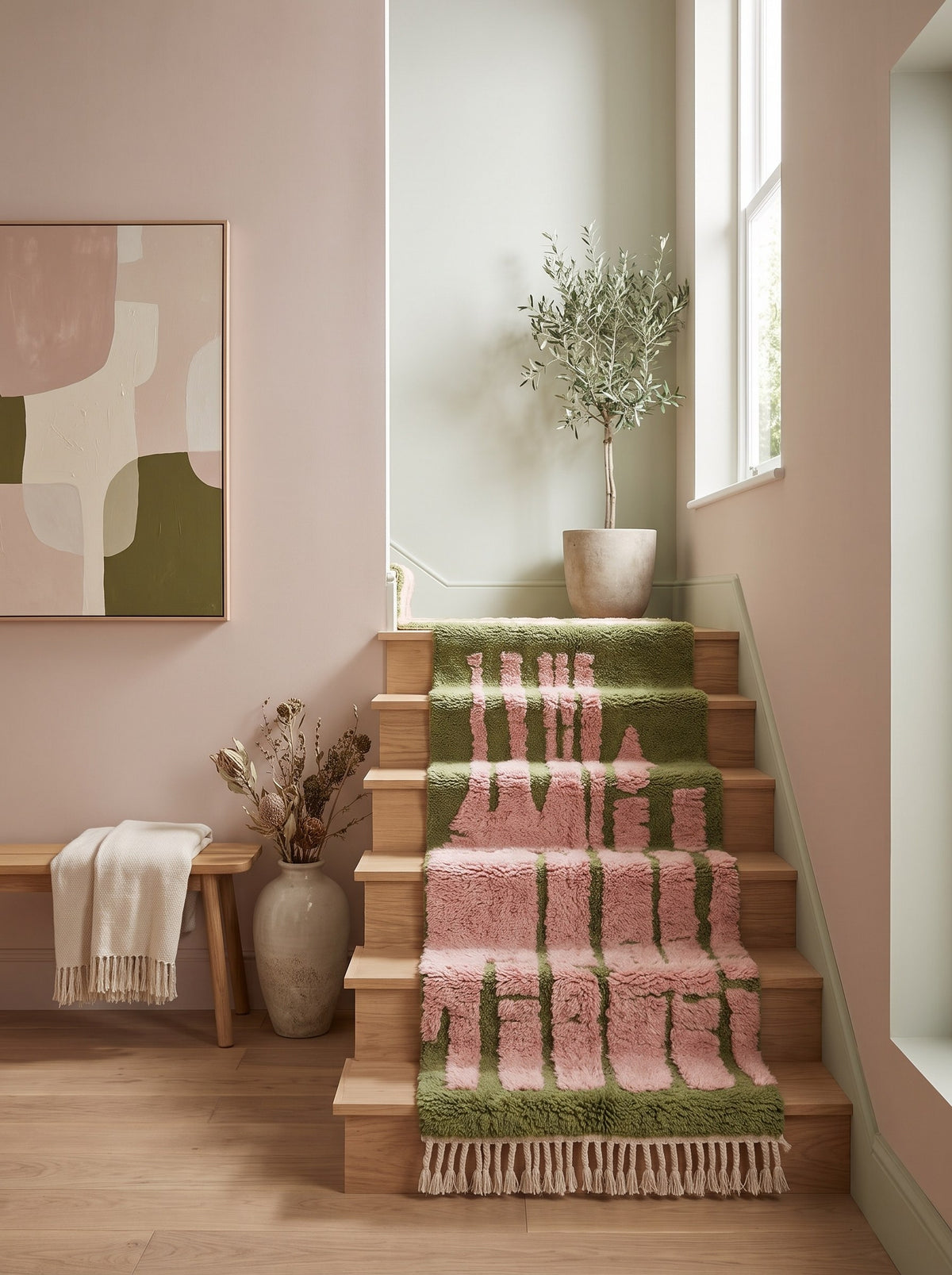 Tapis d'escalier berbère graphique vert et rose Figuig sur un autre escalier, noué main au Maroc