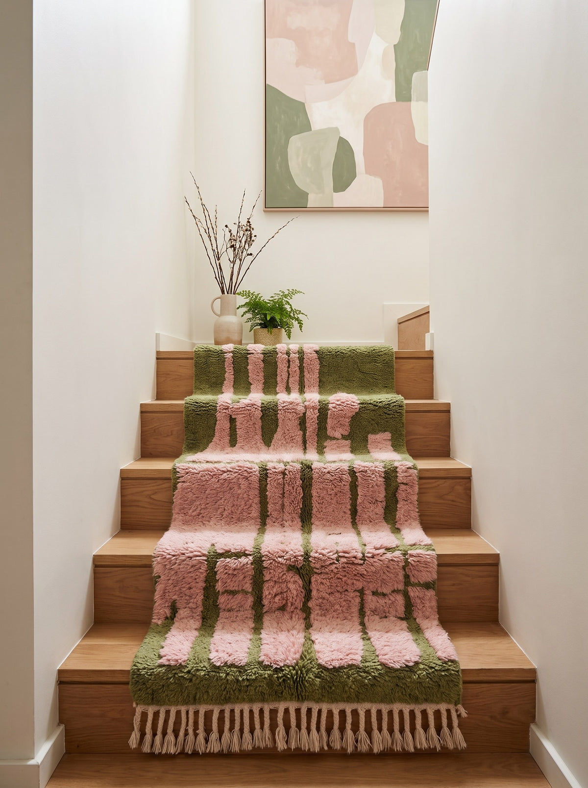 Tapis d'escalier berbère graphique vert et rose Figuig sur un troisième escalier, noué main au Maroc