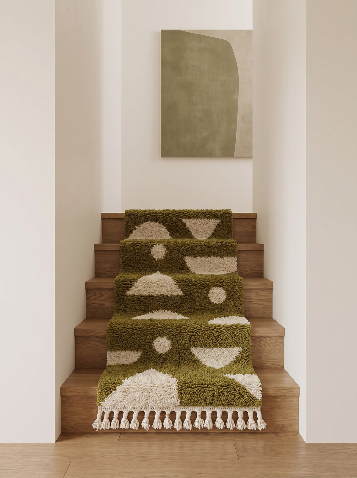 Tapis d'escalier berbère graphique vert olive et blanc Azelt sur un autre escalier, noué main au Maroc