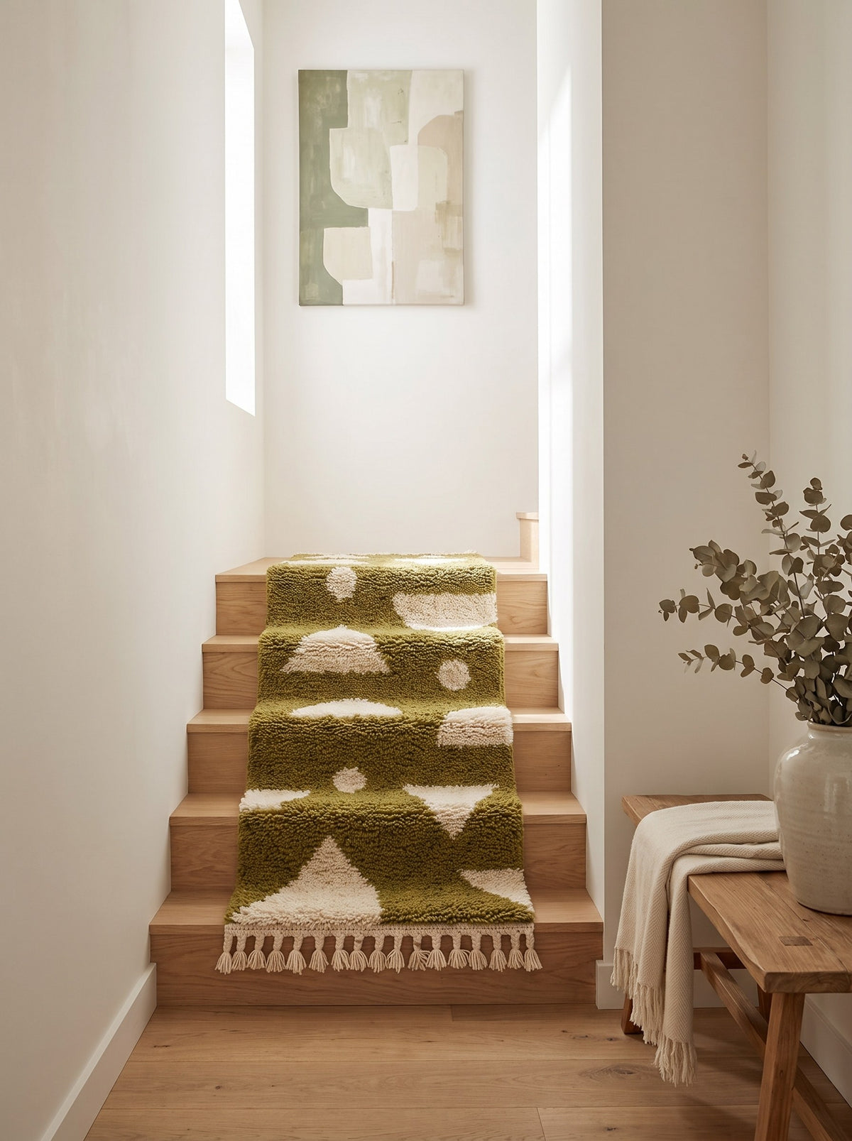 Tapis d'escalier berbère graphique vert olive et blanc Azelt sur un troisième escalier, noué main au Maroc