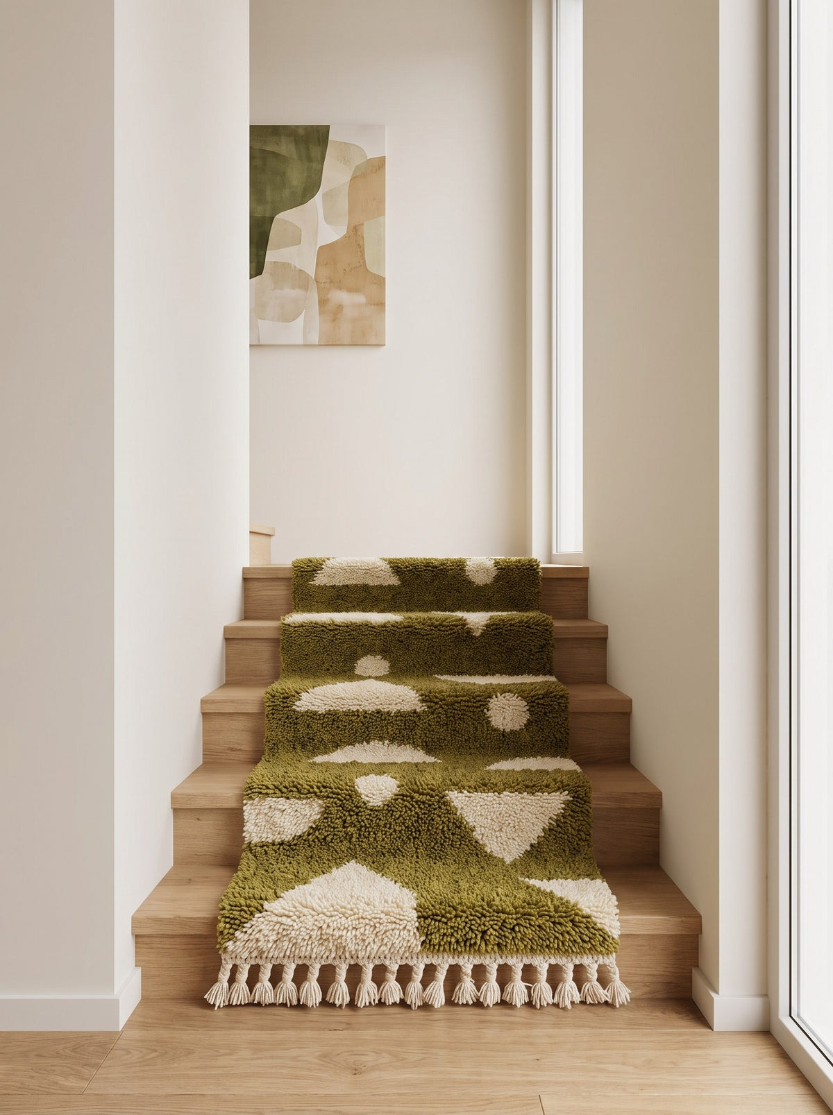 Tapis d'escalier berbère graphique vert olive et blanc Azelt sur un escalier, noué main au Maroc