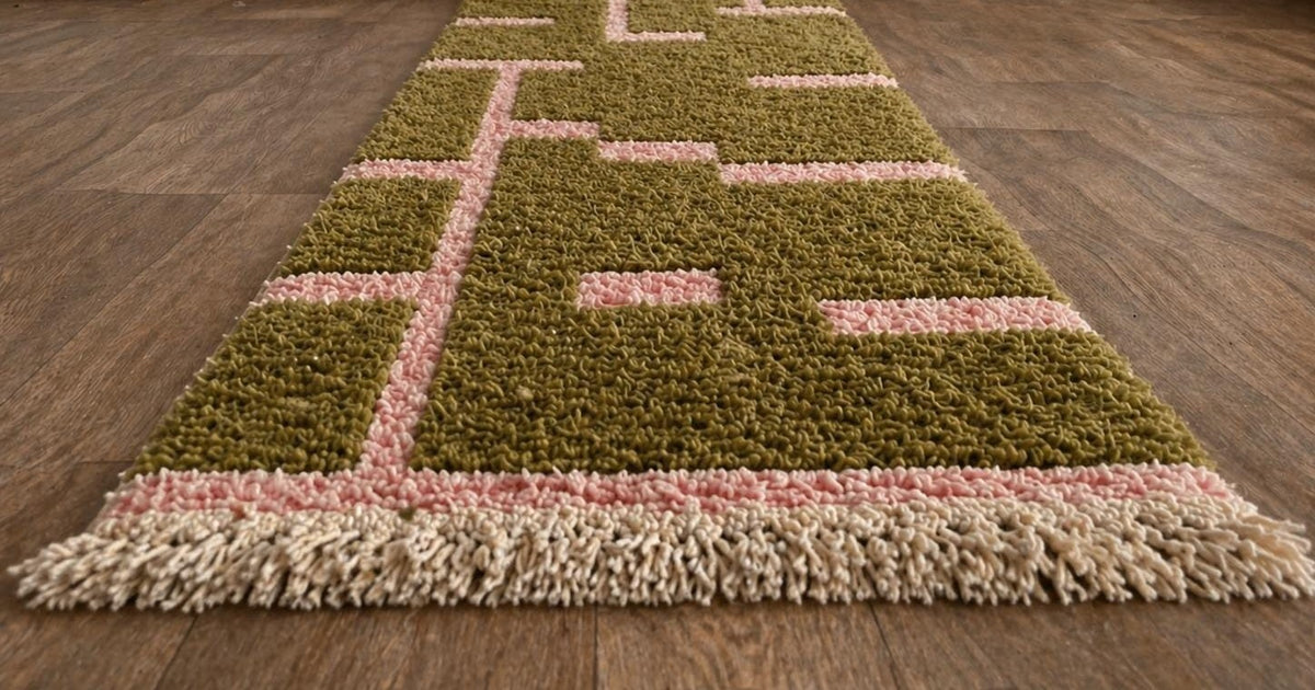 Bougmez Berber stair runner, graphic, in olive green and pink, on the floor, seen at an angle, hand-knotted in Morocco