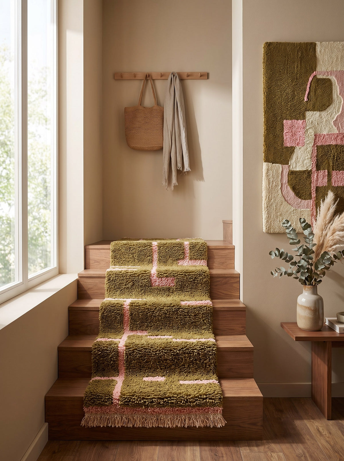 Bougmez graphic Berber stair runner in olive green and pink on another staircase, hand-knotted in Morocco