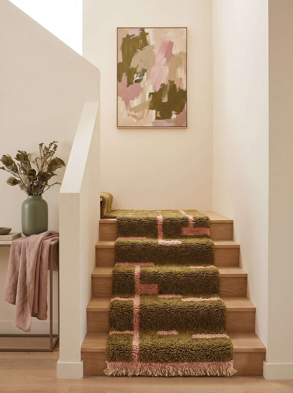 Bougmez graphic Berber stair runner in olive green and pink on a third staircase, hand-knotted in Morocco