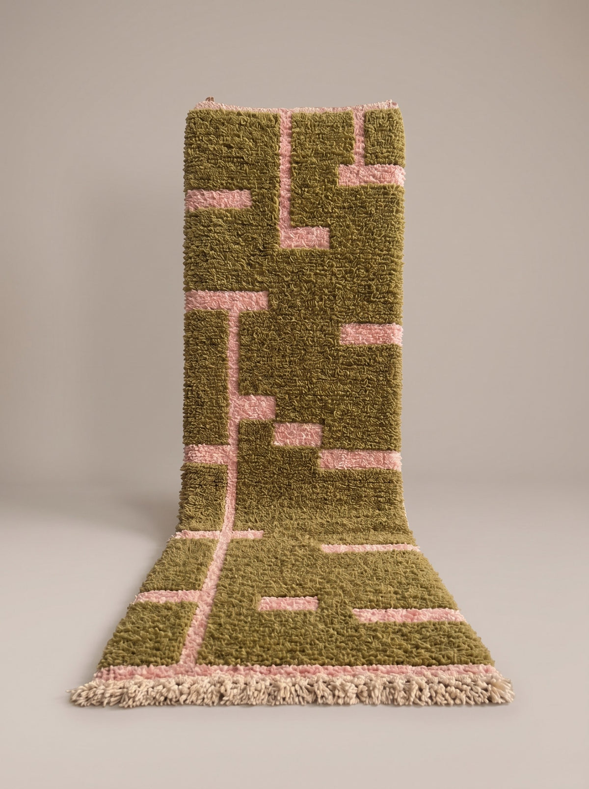 Bougmez Berber stair runner, graphic, in olive green and pink, hanging, one of a kind, hand-knotted in Morocco