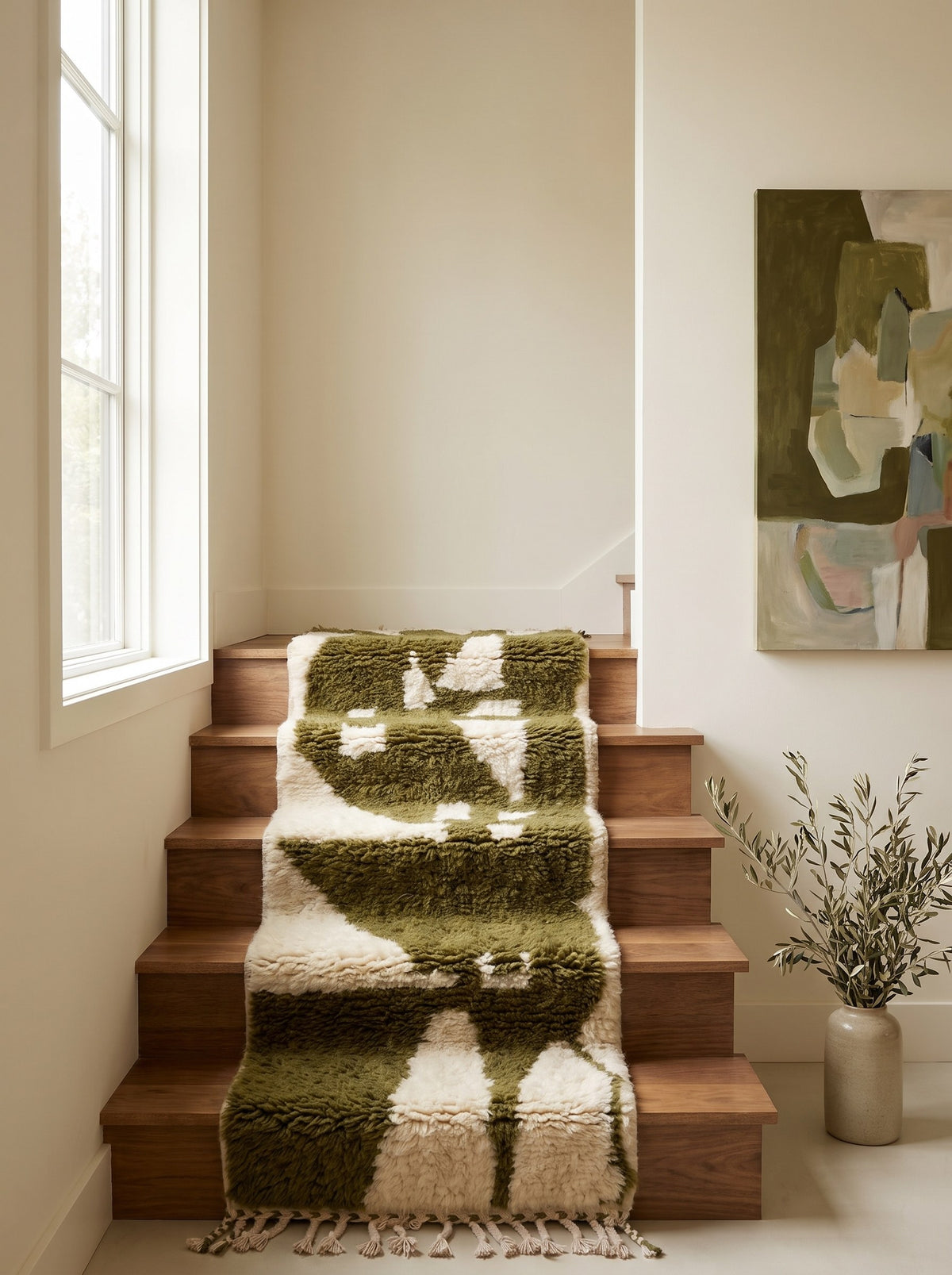 Tapis d'escalier berbère graphique vert olive Tamanar sur un autre escalier, noué main au Maroc