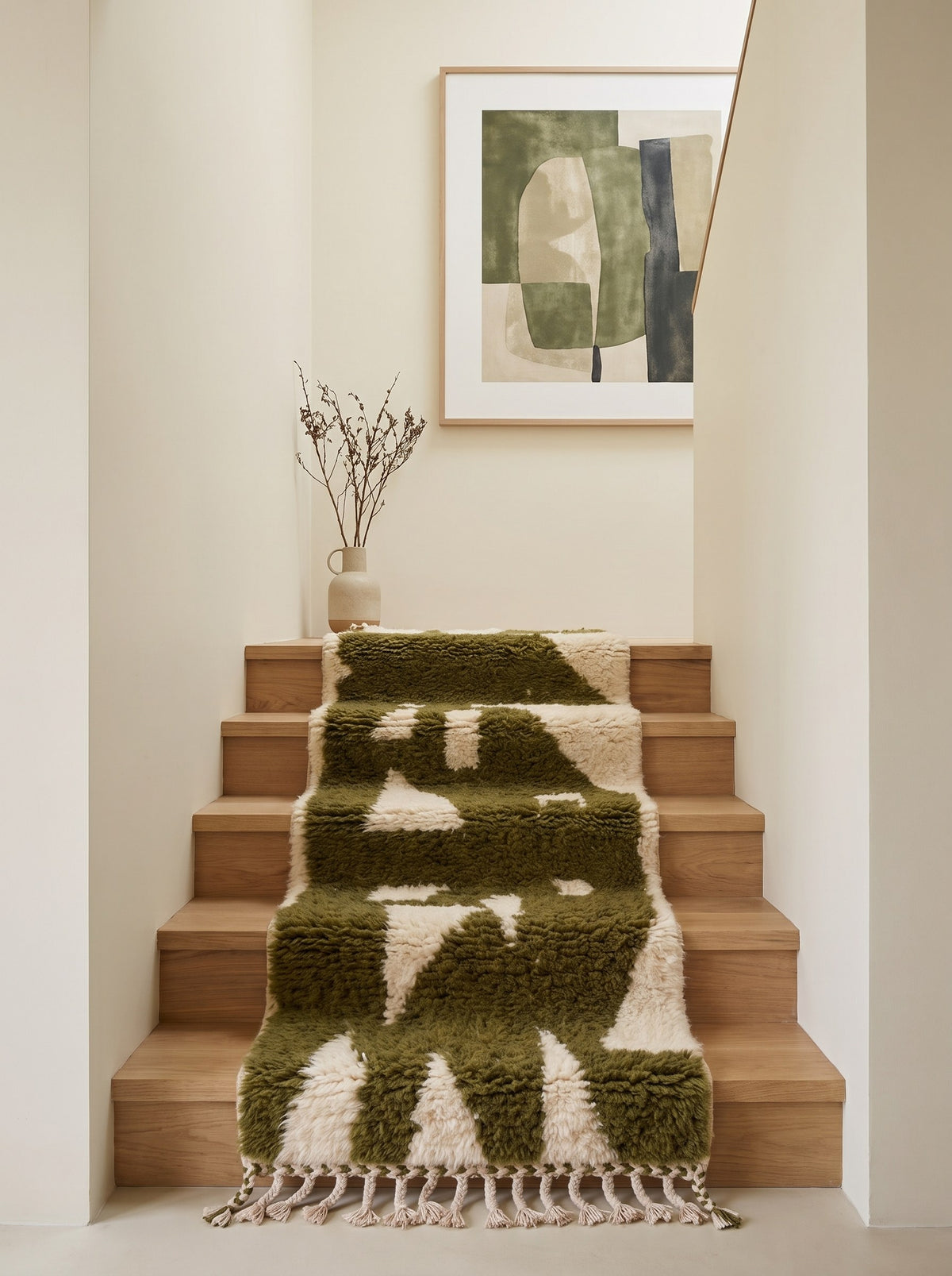 Tapis d'escalier berbère graphique vert olive Tamanar sur un escalier, noué main au Maroc