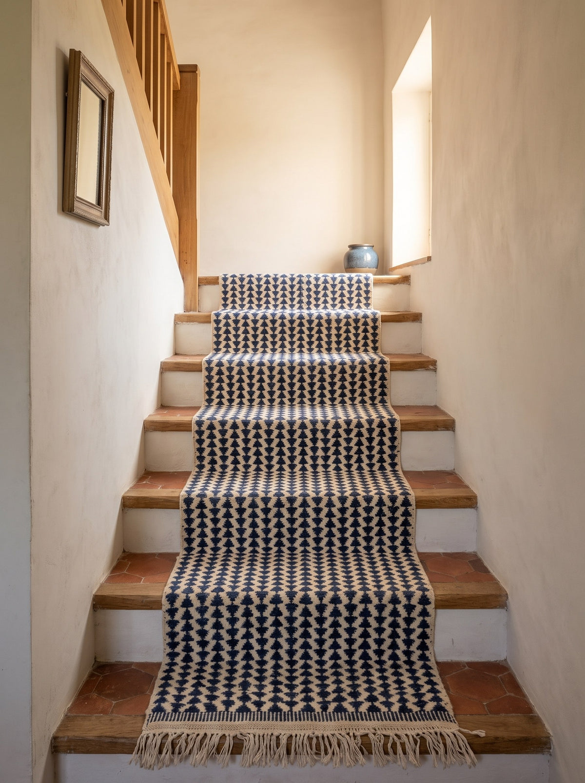 Tamsoult kilim Berber stair runner in white and blue on a staircase, hand-knotted in Morocco