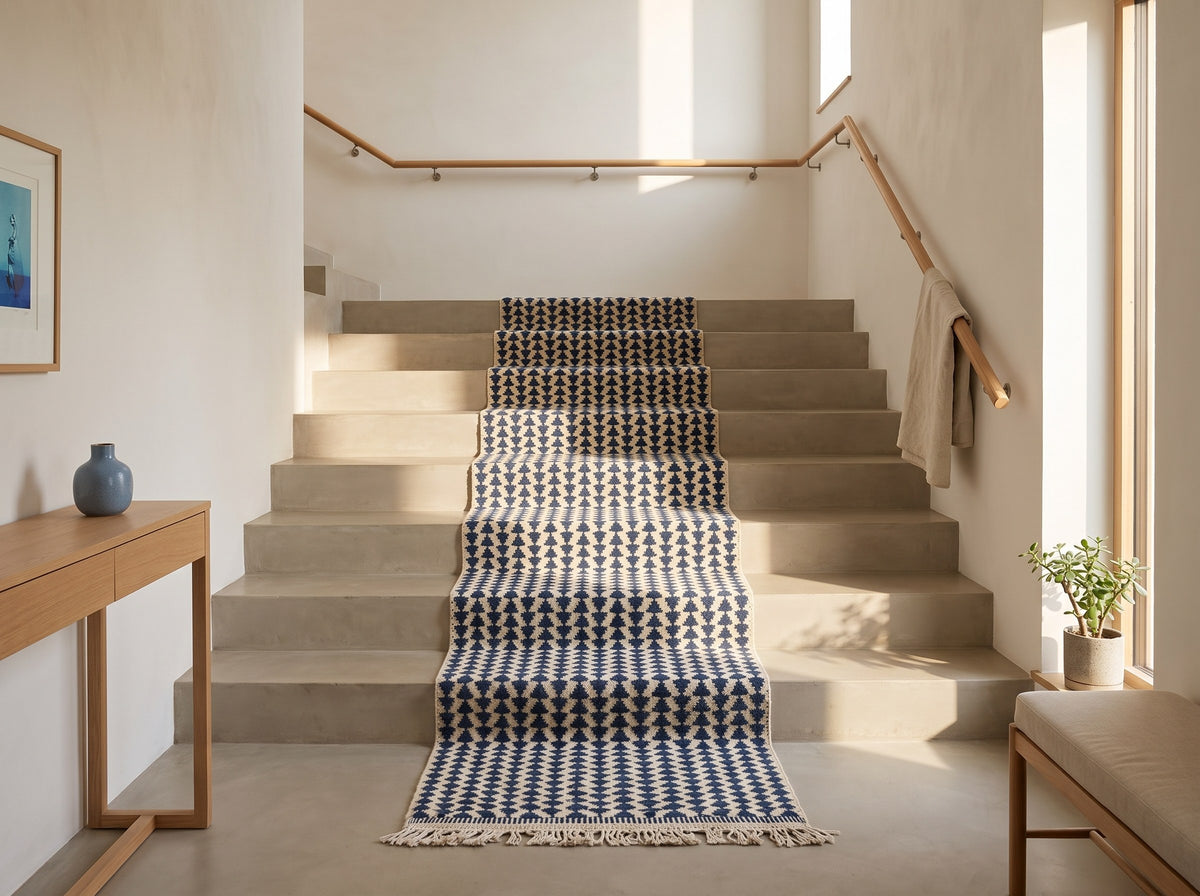 Style déco : maison contemporaine. Ambiance : lumière rasante du matin. Pièce : escalier