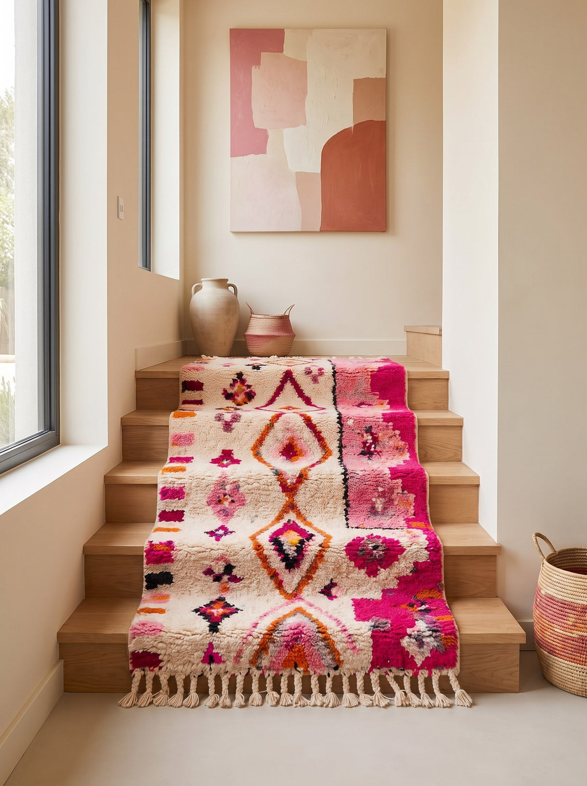 Amrawen Berber stair runner, Azilal style, in white and pink, on another staircase, hand-knotted in Morocco