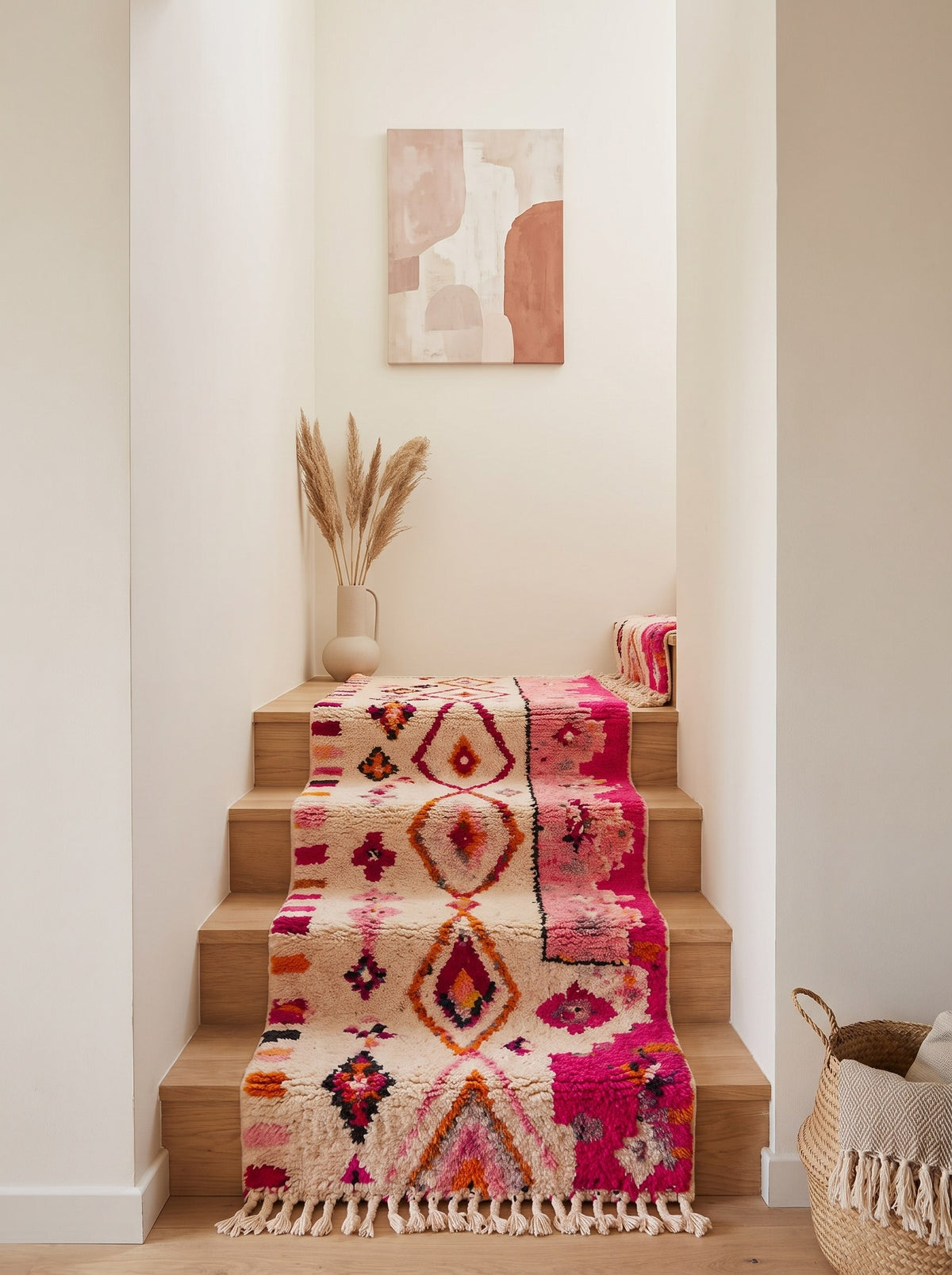 Amrawen Berber stair runner, Azilal style, in white and pink, on a staircase, hand-knotted in Morocco