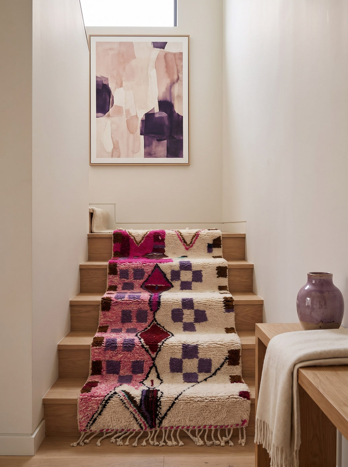 Zoumi Berber stair runner, Azilal style, in white and pink, on another staircase, hand-knotted in Morocco