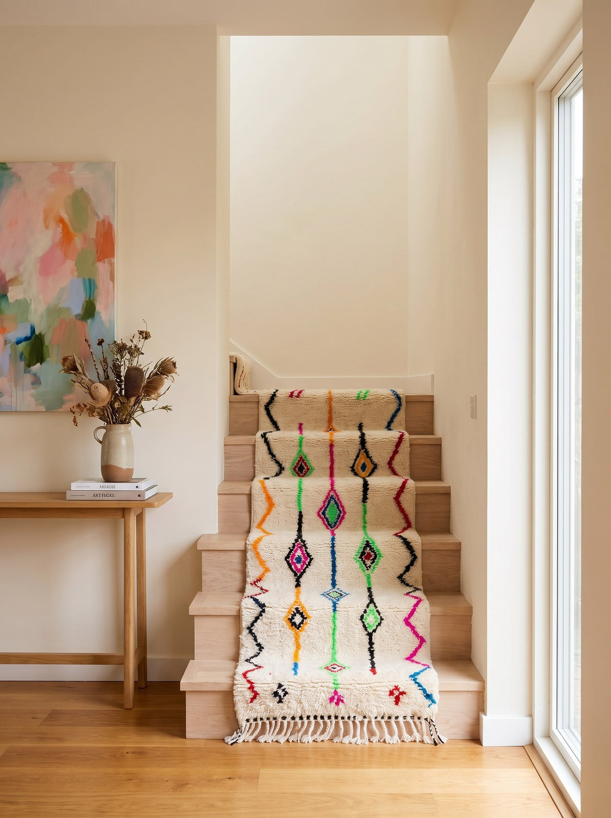 Tapis d'escalier berbère style Azilal blanc multicolore Rafdil sur un troisième escalier, noué main au Maroc