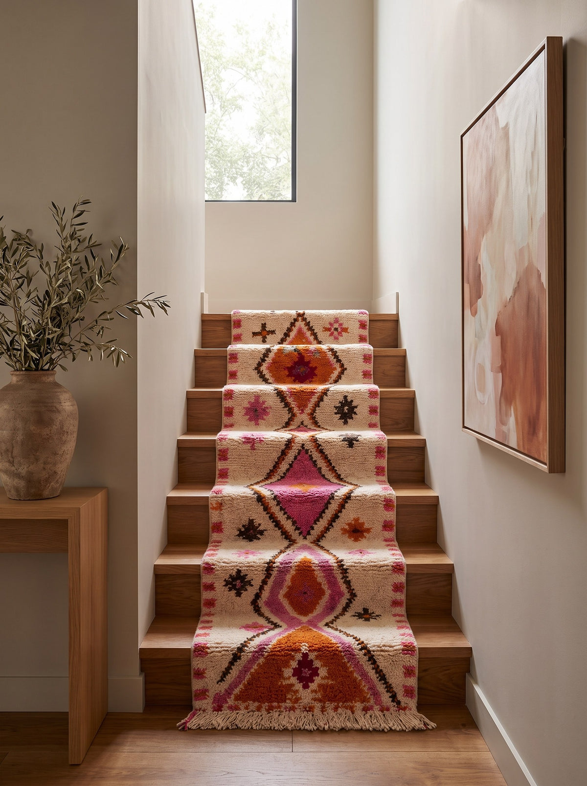 Tifawin Berber stair runner, Azilal style, in white, orange and pink on another staircase, hand-knotted in Morocco