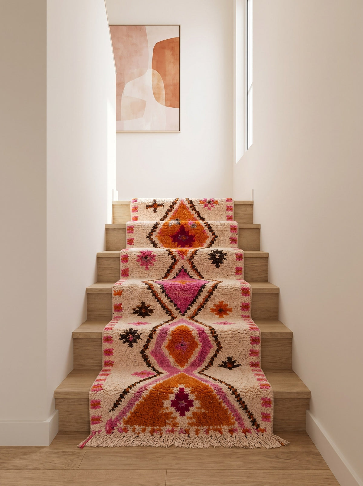 Tifawin Berber stair runner, Azilal style, in white, orange and pink, on a third staircase, hand-knotted in Morocco