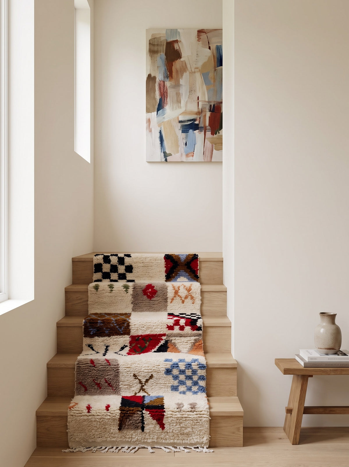 Tapis d'escalier berbère style Azilal multicolore Hazmoud sur un troisième escalier, noué main au Maroc