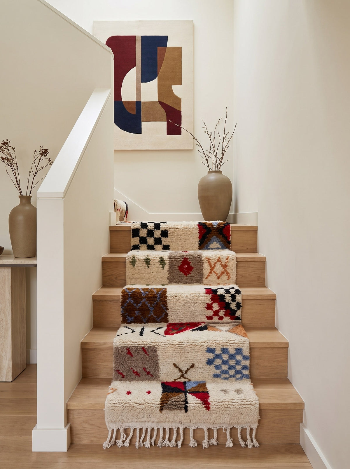 Tapis d'escalier berbère style Azilal multicolore Hazmoud sur un escalier, noué main au Maroc