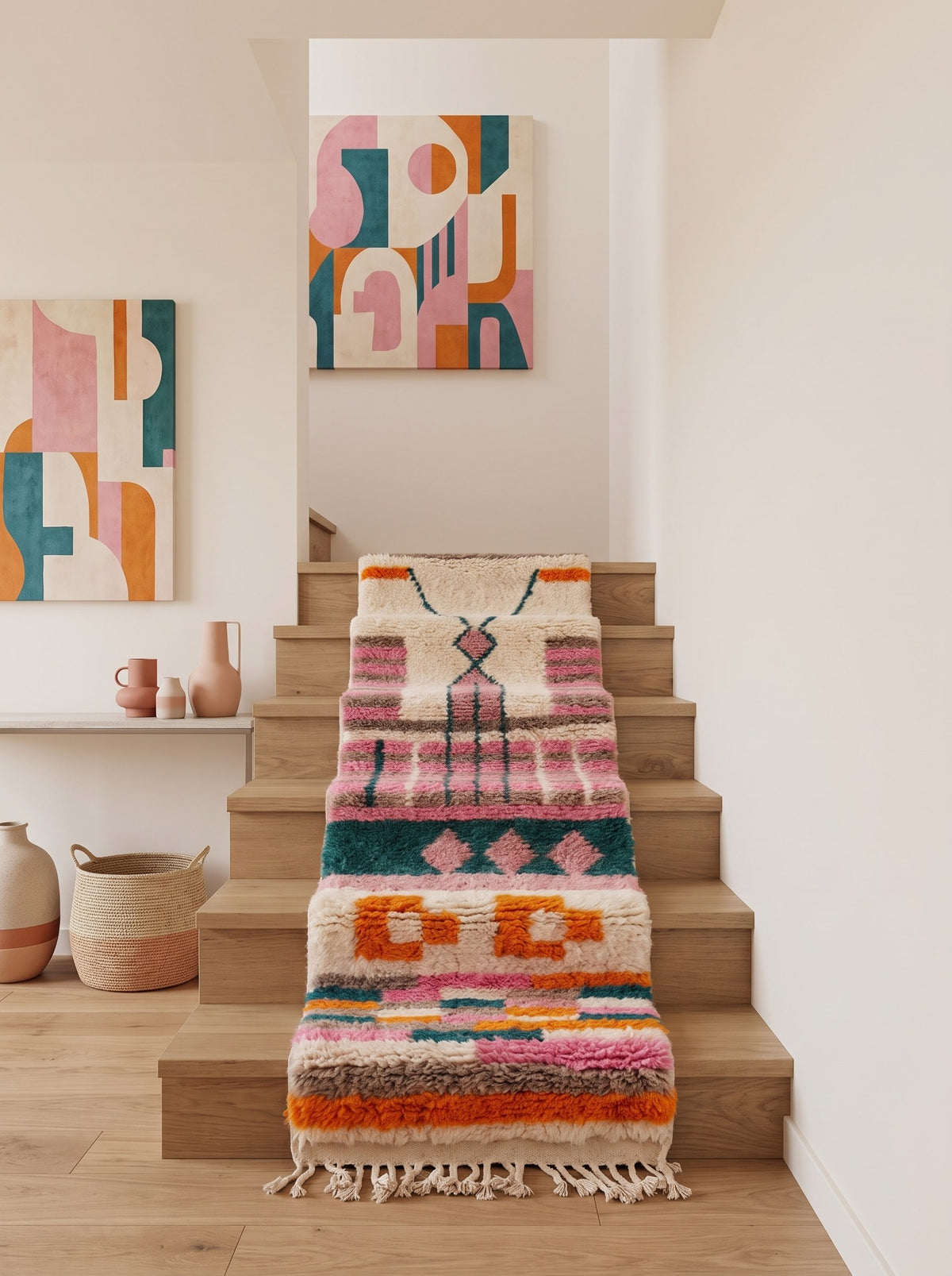 Tapis d'escalier berbère style Azilal rose et orange Tikli sur un troisième escalier, noué main au Maroc